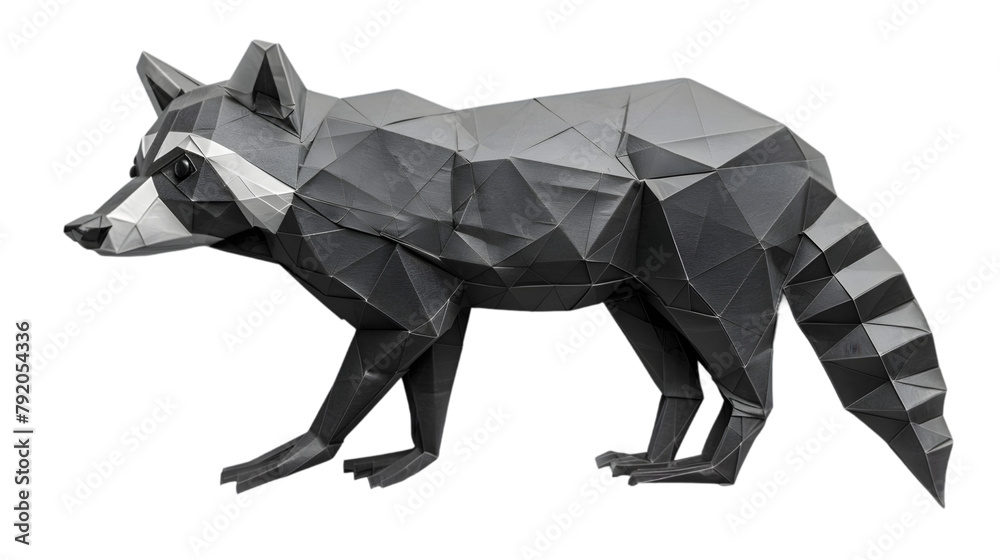 Fototapeta premium A minimalist paper art of a grey origami raccoon, transparent background, PNG Cutout