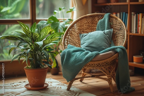 Cozy wicker chair among potted plants © gearstd
