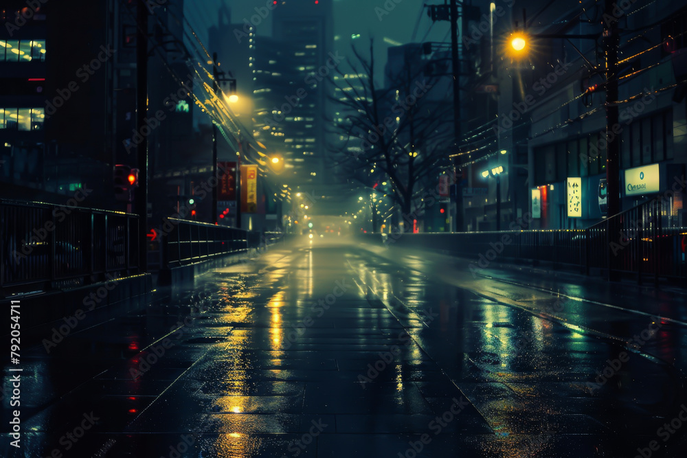 A city street at night with a lot of rain. The street is empty and the lights are on