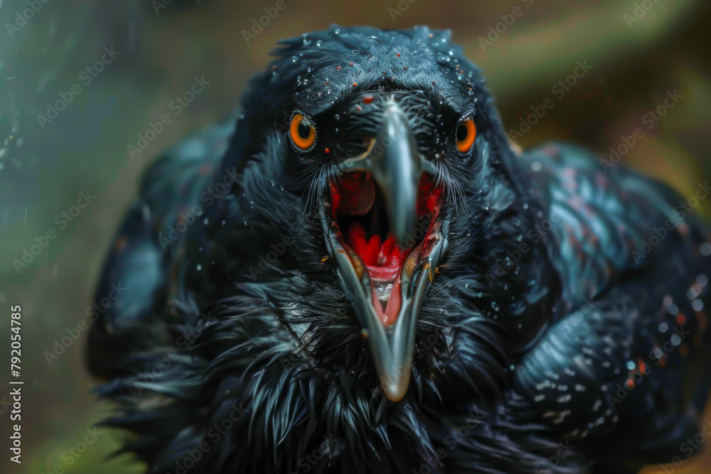 Obraz premium A black bird with red eyes is shown with its mouth open, looking angry. The bird appears to be in a state of distress or agitation