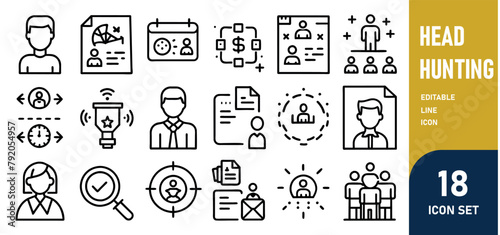 Head Hunting Line Editable Icons set. Vector illustration in thin line modern style of human resources related icons job interview, candidates search, working conditions, and more