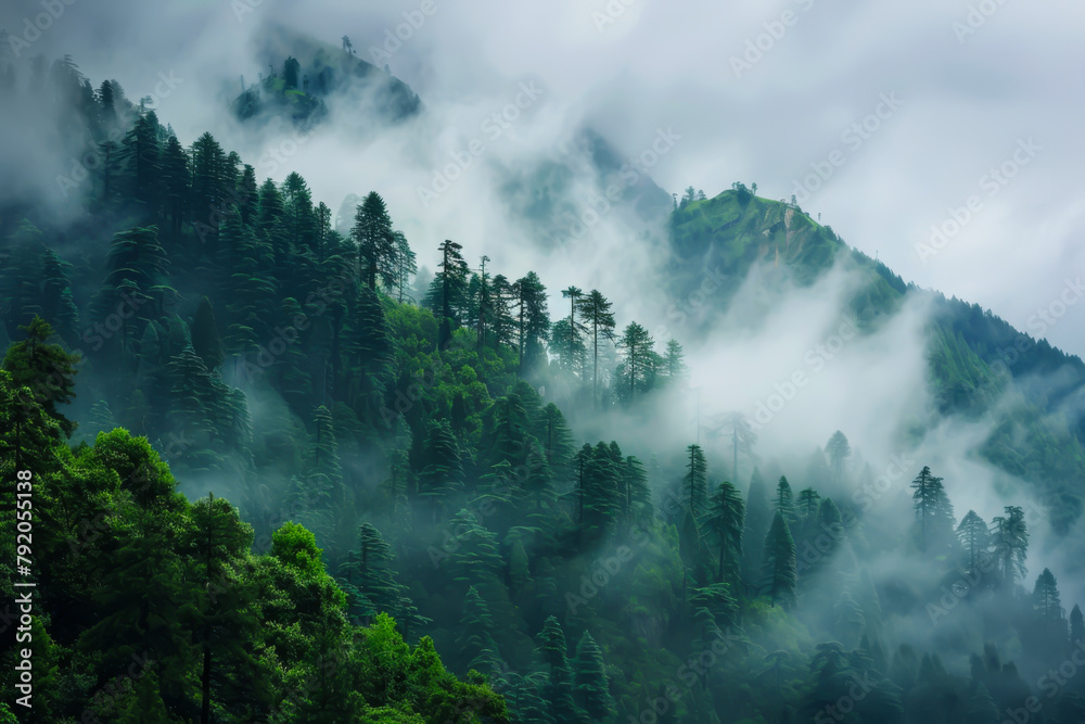 A lush green forest with a thick fog covering the trees. The fog creates a serene and peaceful atmosphere, as the trees are shrouded in a misty veil