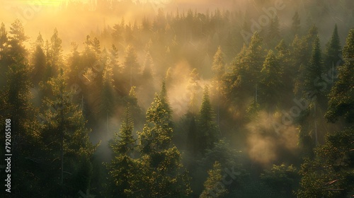 An atmospheric image of a misty forest bathed in the warm glow of the setting sun, creating an ethereal and enchanting landscape in high-definition detail.