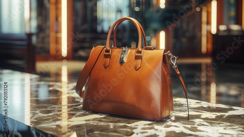 A luxurious leather handbag displayed on a polished marble countertop, catching the light with its gleaming hardware and exquisite craftsmanship, embodying timeless elegance and sophistication.