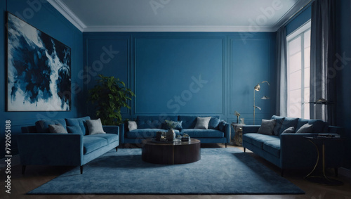 Blue Room Interior, Living Room Setup, Empty Blue Wall © xKas
