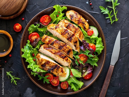 top view of grilled chicken and tomatoes served with a fresh salad! This mouthwatering dish features juicy grilled chicken breast and ripe tomatoes, arranged alongside a vibrant 