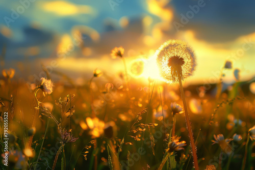 A field of flowers with a dandelion in the foreground. The sun is shining brightly on the flowers  creating a warm and inviting atmosphere
