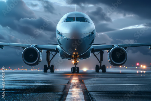A large jetliner is on the runway, with its landing gear down. The plane is surrounded by a dark sky, which adds to the sense of anticipation and excitement as it prepares for takeoff photo