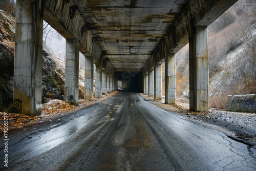 A long tunnel with a lot of concrete pillars. The tunnel is empty and the sky is cloudy