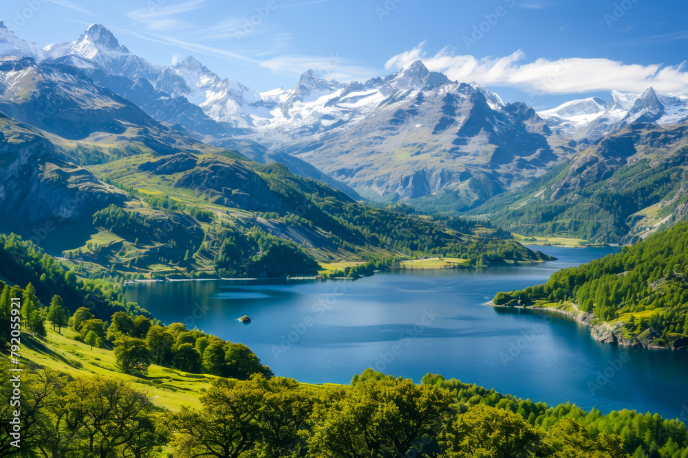 A beautiful mountain landscape with a lake in the foreground. The mountains are covered in snow and the lake is calm and clear. The scene is peaceful and serene, with the mountains