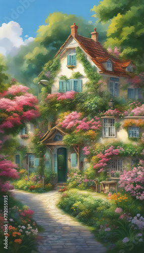 Magical landscape with beautiful houses immersed in flowers and greenery, with mountains in the background