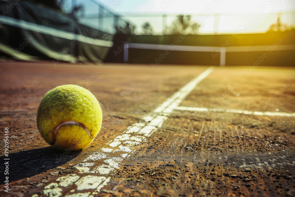 A tennis ball is sitting on the ground next to a tennis court. The ball is yellow and he is slightly deflated. Concept of calm and relaxation, as the ball is not in motion