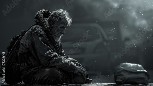 Homeless beggar man sitting in front of an abandoned building. Depression and sadness concept.