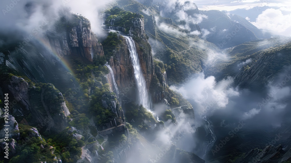 A majestic waterfall plunging into a deep gorge below, with mist rising from the cascading waters and rainbows forming in the spray, while towering cliffs loom overhead, creating a scene of awe