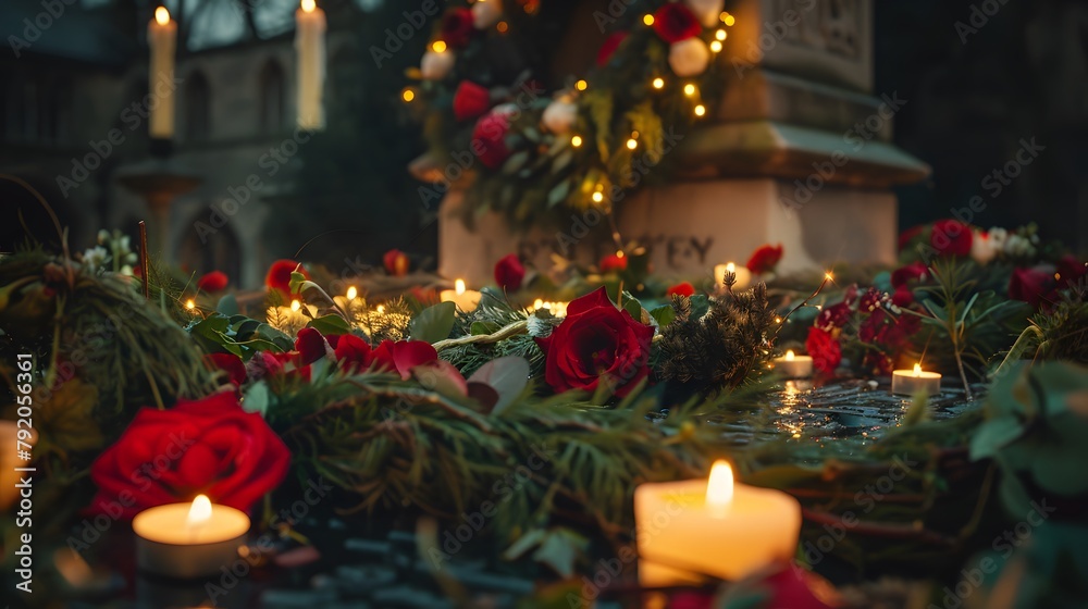 An emotional portrayal of a war memorial adorned with wreaths and flowers, surrounded by flickering candles in remembrance of those who have served