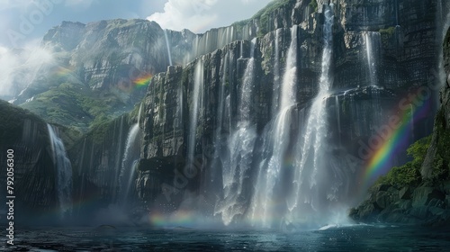 A majestic waterfall plunging into a deep gorge below  with mist rising from the cascading waters and rainbows forming in the spray  while towering cliffs loom overhead  creating a scene of awe