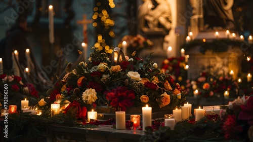 An emotional portrayal of a war memorial adorned with wreaths and flowers, surrounded by flickering candles in remembrance of those who have served