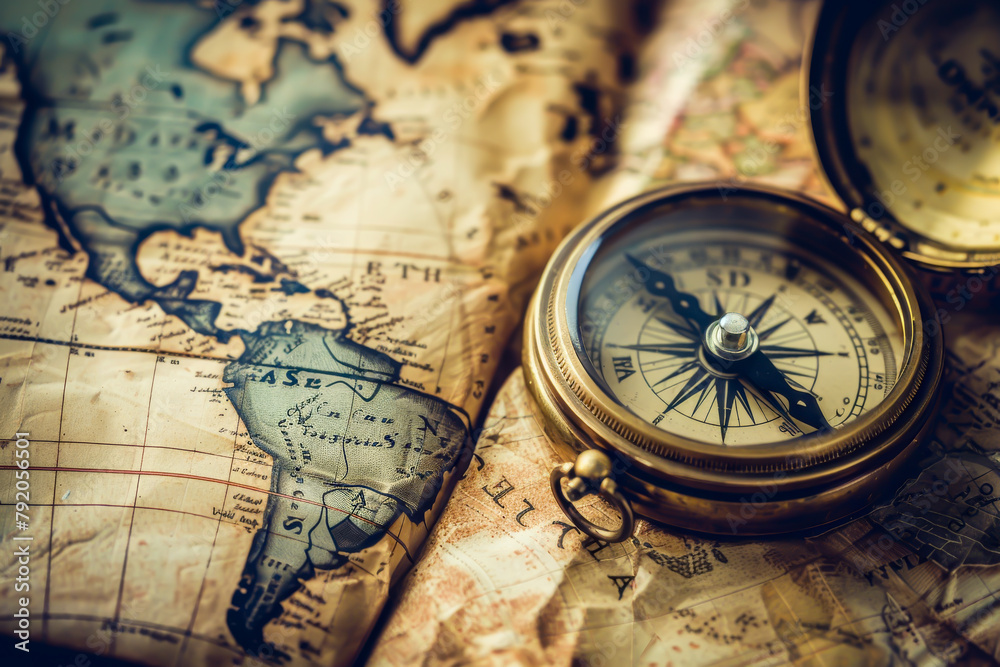 A compass is on top of a map of the world. The compass is pointing to the right A compass is on top of a map of the world. The compass is pointing to the right