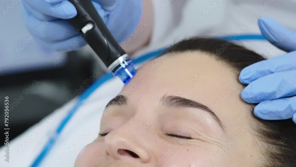 A doctor performs cosmetic procedures for rejuvenation and facial cleansing on a middle-aged patient in a cosmetology clinic. Hydropic cosmetic procedure, facial cleansing, clean skin. A doctor performs cosmetic procedures for rejuvenation and facial cleansing on a middle-aged patient in a cosmetology clinic. Hydropic cosmetic procedure, facial cleansing, clean skin.