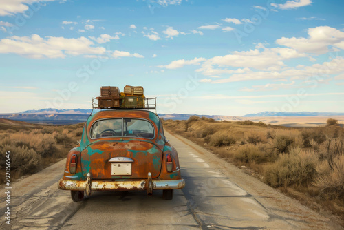 A vintage car with luggage on top of it is driving down a road. The scene is set in a desert, with a clear blue sky above