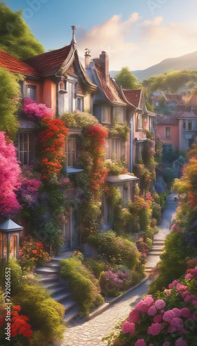 Romantic Townscape with Blooming Houses and Cozy Streets