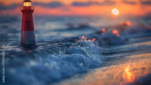 Love's Guiding Light: Lighthouse Heart-shaped Beam Illuminating Tranquil Ocean Waves. Concept Lighthouse, Heart-shaped Beam, Ocean Waves, Love, Tranquil