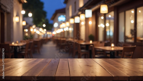 Bokeh Lights Glisten on an Empty Wooden Table, Against a Softly Blurred Restaurant Backdrop