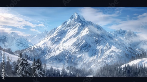 A majestic snow-capped mountain peak piercing the cerulean sky, its rugged slopes blanketed in pristine powder and dotted with pine trees, beckoning intrepid climbers to conquer its lofty  photo