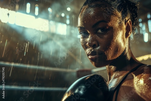 Female boxer in the ring after an intensive training session.