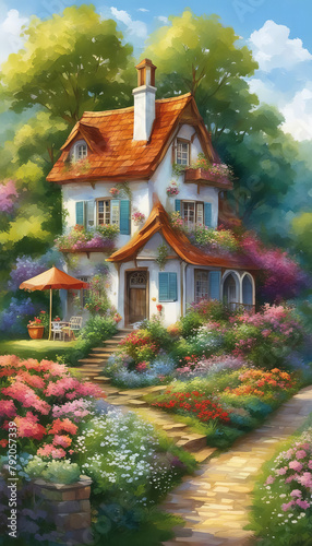 Architectural Ensemble with Houses Adorned with Flowers and Greenery