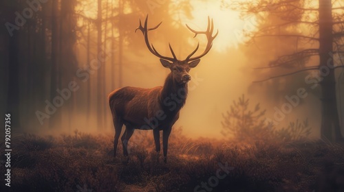 A majestic stag standing amidst a misty forest clearing, its imposing antlers silhouetted against the ethereal glow of dawn as it surveys its domain with quiet strength and dignity. © Khalif