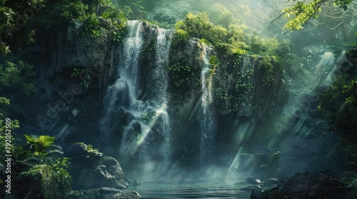 A majestic waterfall cascading down rugged cliffs into a deep pool below, surrounded by lush greenery and vibrant foliage, with sunlight filtering through the canopy above, 