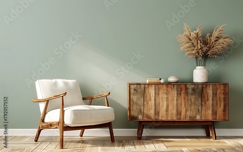 Modern living room interior with wooden cabinet and white armchair against light green wall mock up