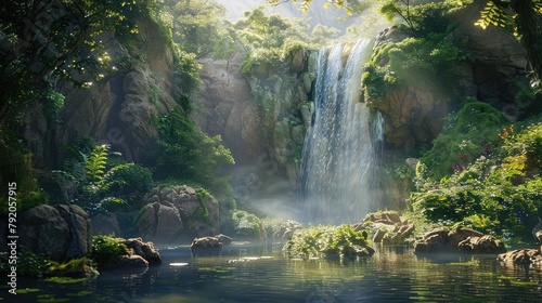 A majestic waterfall cascading down rugged cliffs into a deep pool below, surrounded by lush greenery and vibrant foliage, with sunlight filtering through the canopy above,