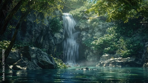 A majestic waterfall cascading down rugged cliffs into a pristine emerald pool below, surrounded by lush tropical foliage and alive with the chorus of nature's symphony, inviting adventurers 