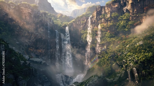 A majestic waterfall plunging into a deep gorge below, with mist rising from the cascading waters and rainbows forming in the spray, while towering cliffs loom overhead, creating a scene of awe-