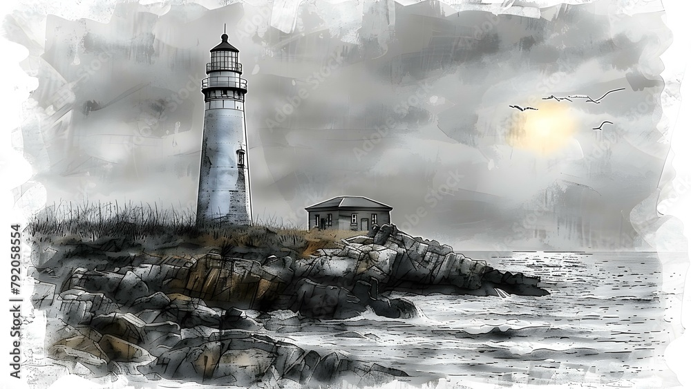 Hand-drawn lighthouse seascape engraving for flexible design application on different surfaces. Concept Lighthouse Illustration, Seascape Drawing, Hand-Drawn Engraving, Flexibility in Design