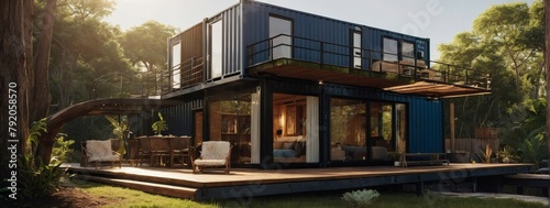 Chic shipping container residence nestled in sunlight, showcasing the beauty of sustainable, eco-friendly living spaces or vacation escapes. © xKas