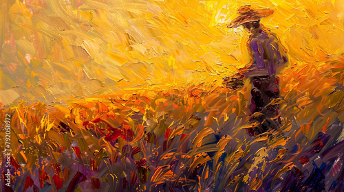 In soft brushstrokes, this impressionistic oil painting captures a figure by the cornfield in the warm light of the sunset.