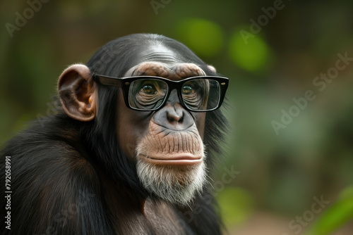 Funny intelligent and smart chimpanzee monkey wearing glasses with copy space on blurred nature background