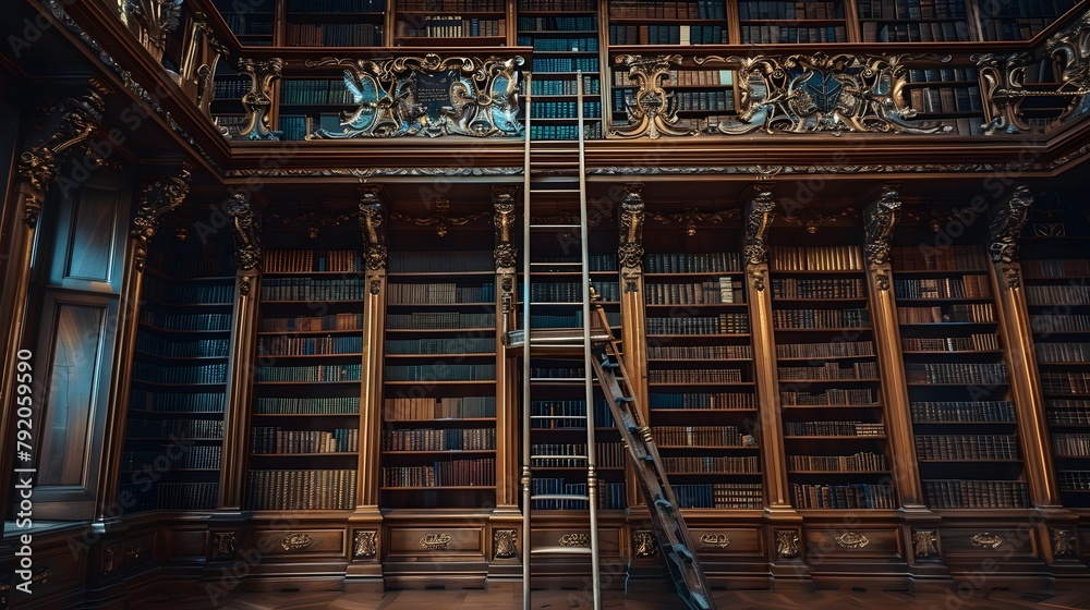 An old library room with tall, empty oak bookshelves reaching up to a high ceiling with classic moldings. The shelves are detailed with carved woodwork .