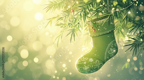 Adorable green stocking adorned with a charming decoration depicted in a hand drawn linear style against a soft blurred background It stands alone ready to add a touch of charm to your desig photo