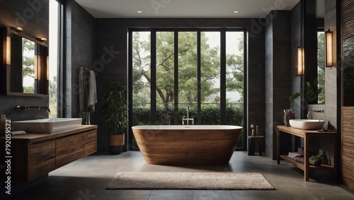 Contemporary bathroom design featuring a tub, wooden vanity with sink, mirror, and bath accessories. Presented in a life like. © xKas