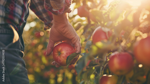 Homem colhendo maçãs no pomar