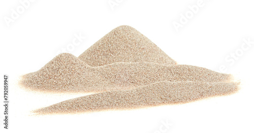 Pile of dry beach sand isolated on a white background. Desert sand dune.