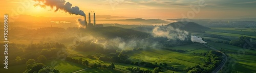 Smokestacks polluting over a fresh green landscape, depicting environmental contrast photo