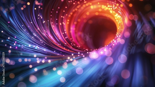 An artistic rendering of colored electric cables and optical fibers, spiraling outwards with LED lights