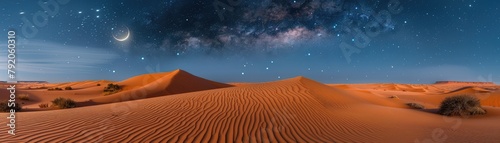 Tranquil sand dunes under a starry sky with a crescent moon in the desert