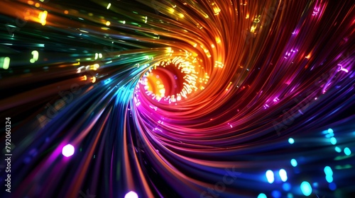 An artistic rendering of colored electric cables and optical fibers, spiraling outwards with LED lights