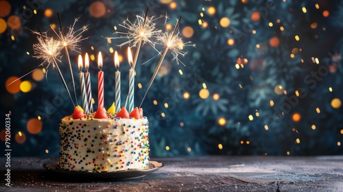 Birthday cake with many birthday candles and sparklers against a background with copy space.
